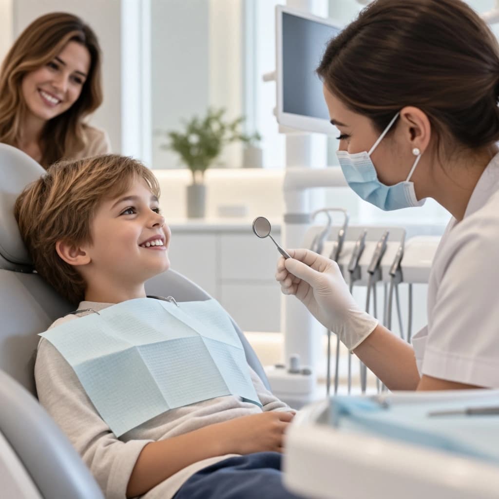 Revisión dental infantil en Dental Model con niño sonriente, odontopediatra y madre